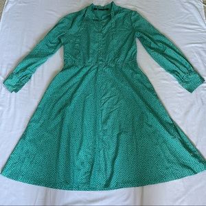 Vintage Teal Dress blue with white floral - long sleeve and mid length